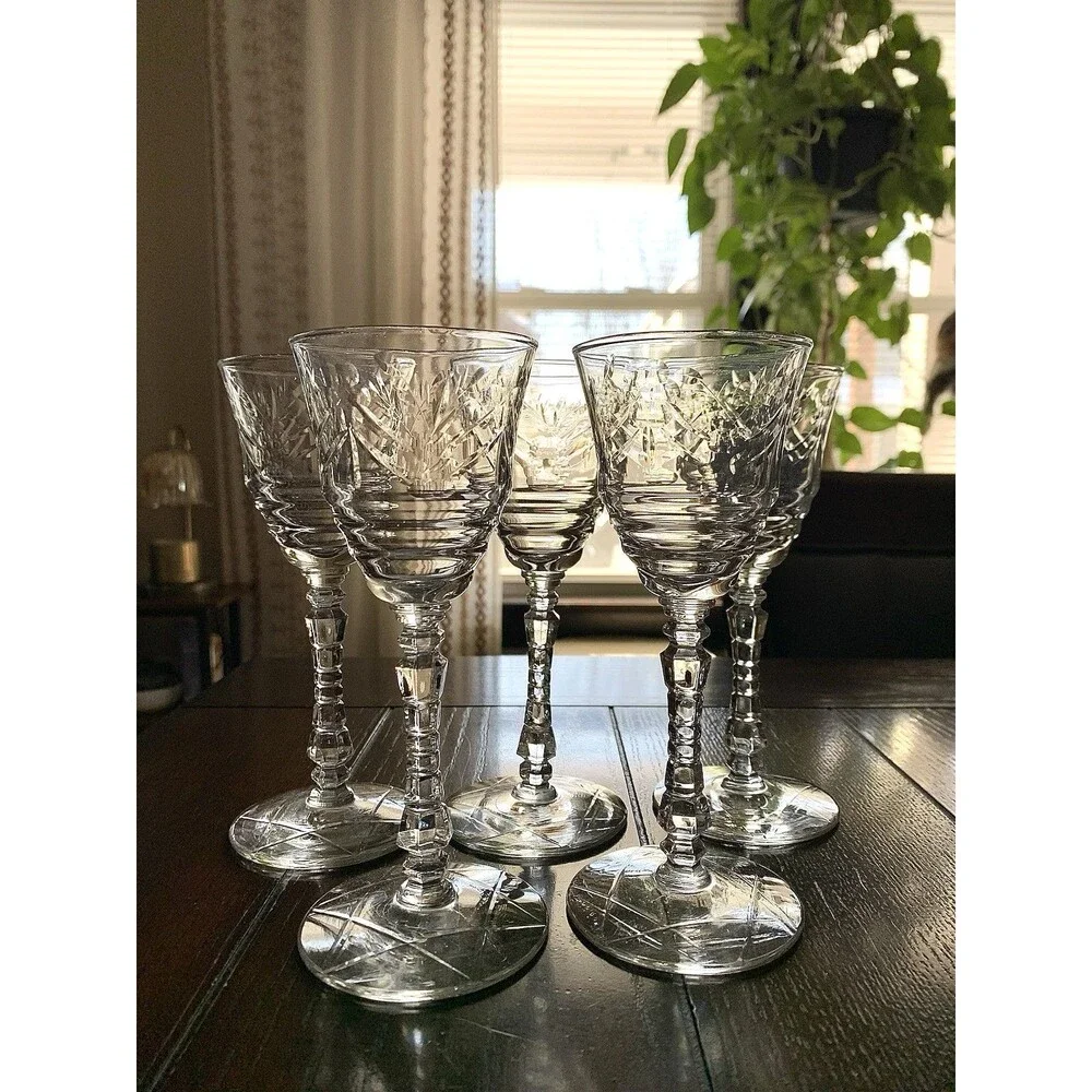 Vtg Libbey Rock Sharpe Artic Rose Crystal Water Goblets Set 5 Grandmillennial
